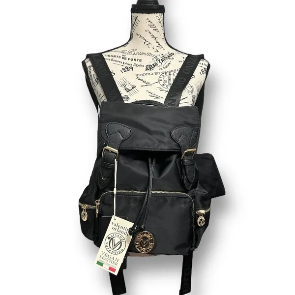 Valentino Orlandi‎ Black Vegan Nylon Backpack w/ Pouch Logo Gold Hardwarware NWT - Image 2