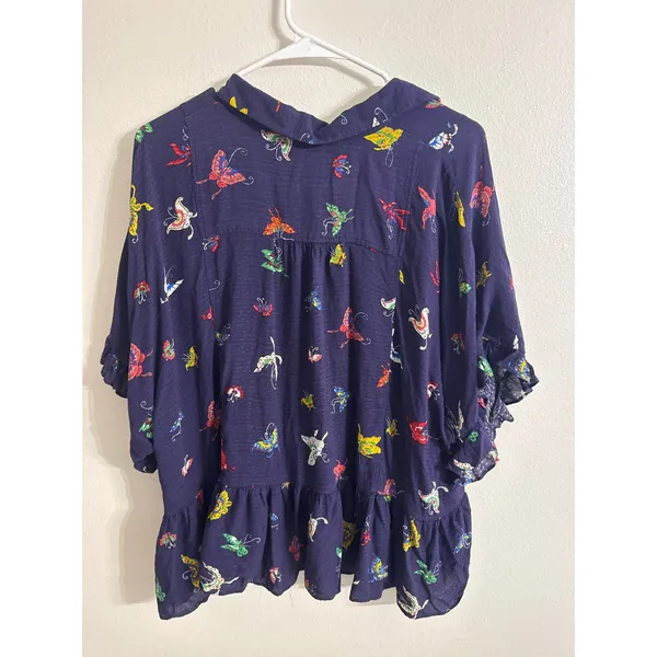 Maeve Anthropologie Navy Butterfly Print Peplum Button Down Top Large - Image 4
