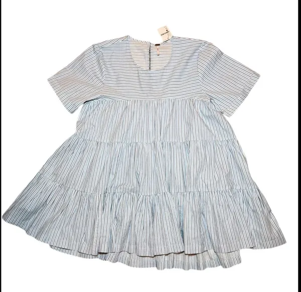 Free People Blue Stripe Babydoll Mini Dress Tiered Short Sleeve Size M NWT - Image 8