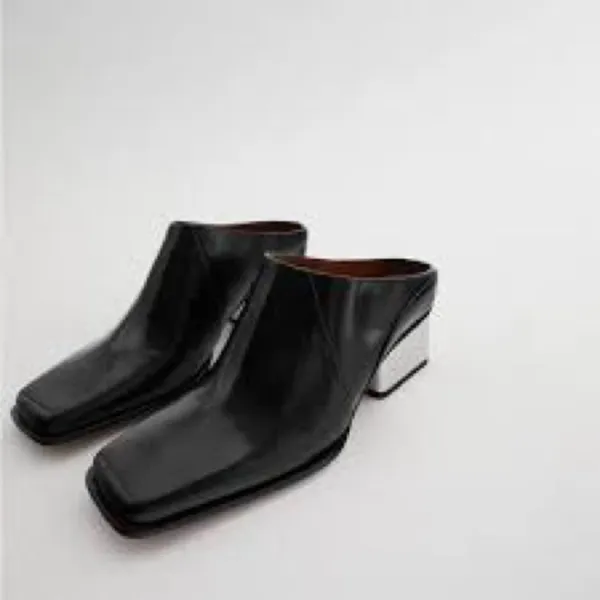 Zara square toe‎ block heel mules black leather size 36 - Image 3