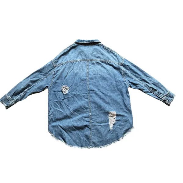 H&M Denim Shirt Women’s Oversized Grunge Y2K Distressed Rose Graphic Jean Top - Image 2