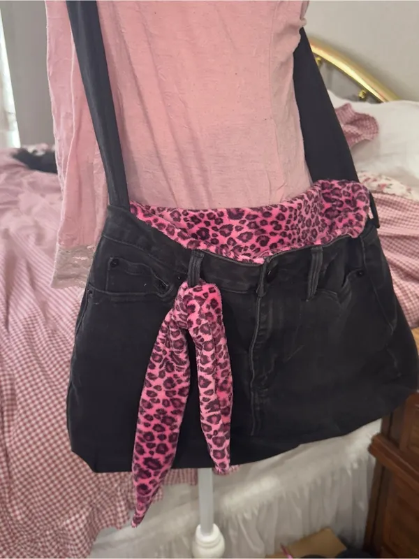 Handmade Black Canvas Crossbody Bag with Pink Leopard Accent - Women's Crossbody - Image 6
