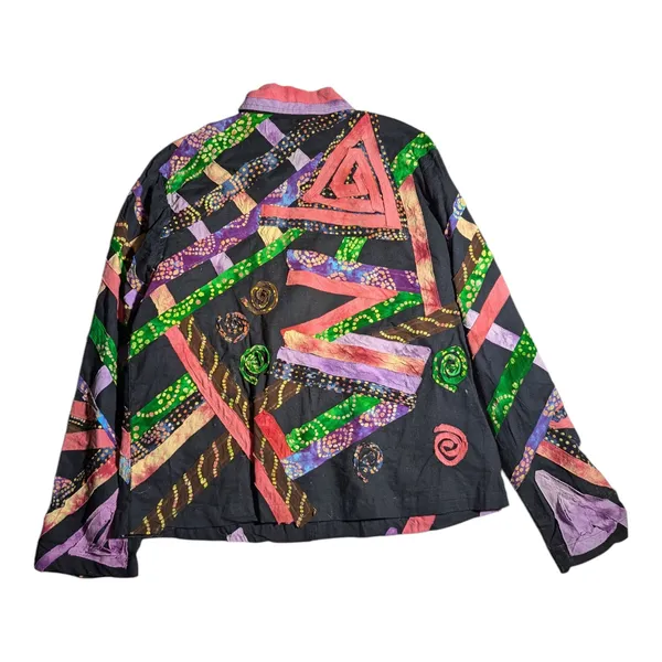 Vtg 1990s Keren Hart Black Colorful Geometric Applique Cotton Button Up Shirt XL - Image 2