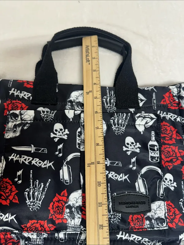Hard Rock Cafe Black Tote with Red Rose & White Skull Print - Image 6
