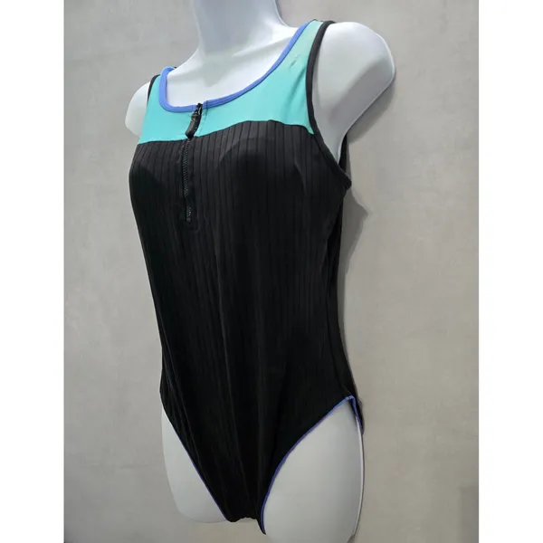 Black One Piece Swimsuit Quarter Zip 90s Vintage Resort Beach Goth Ribbed Large - Image 4