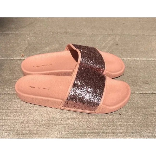 Stuart Weitzman Pink Glitter Slide Sandals Womens 9 Rose Gold Sparkle Flat Shoes - Image 4