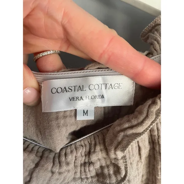 Coastal Cottage Brown Gauze Crop Top Off Shoulder Ruffle Puff Sleeve Boho Medium - Image 3