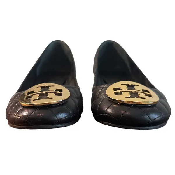 Tory Burch Claire Quilted Block Heel Pumps Black Gold Logo Leather Size 8 - Image 3