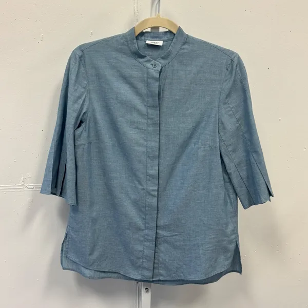 Akris Punto Blue Chambray Mandarin Collar Pleated Sleeve Blouse 4 Quiet Luxury - Image 2
