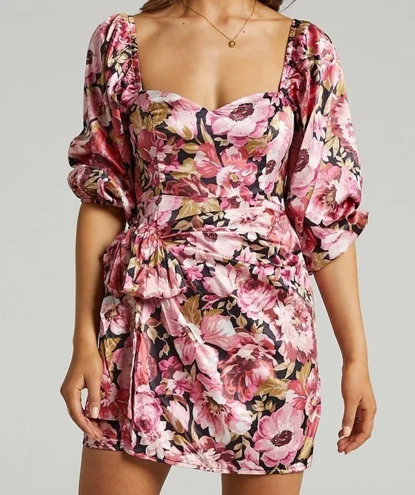 SHOWPO Chloie Puff Sleeve Drape Mini Dress In Boudoir Blooms - Image 4