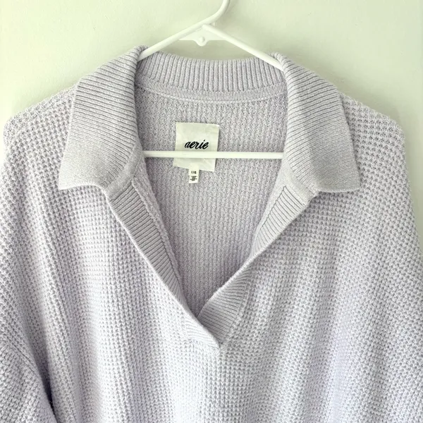 Aerie CozyUp Waffle Polo Sweater Lavender Dawn Purple Oversized Baggy Knit - Image 4