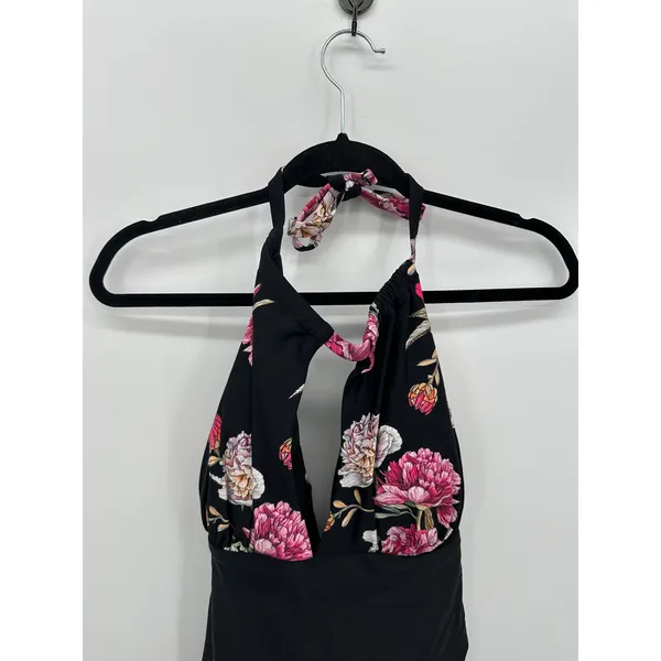 Cupshe Womens One‎ Piece Swimsuit Black Floral Halter Ruched Keyhole Size 2X NWT - Image 4