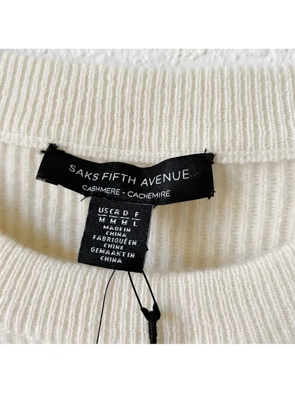 Saks Fifth Avenue 100% Cashmere Balloon Sleeve Sweater Snow Size Medium Neutral - Image 6
