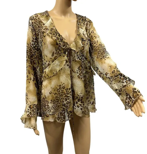 Simonton Says by George Simonton Animal Print Ruffled Kimono QVC Blouse Medium - Image 5