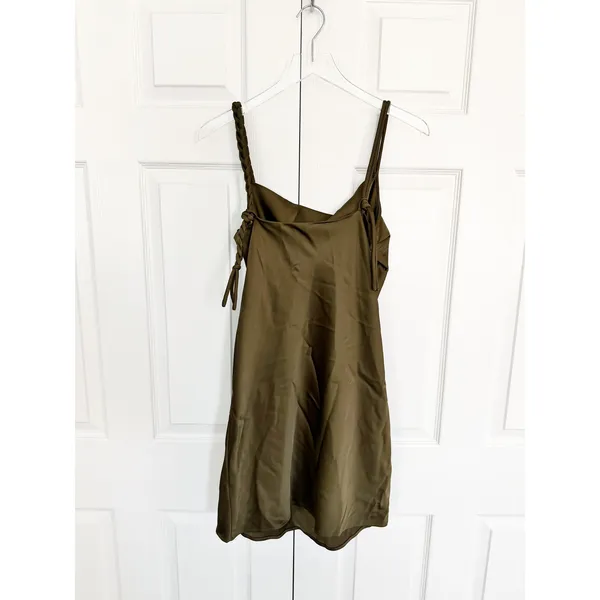 House of Harlow 1960 Olive Green Braided Strap Satin Mini Dress - Image 8