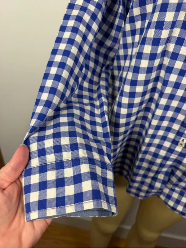 Talbots Gingham Plaid Shirt Sz L Button Front Blouse Top Blue Cotton Long Sleeve - Image 3