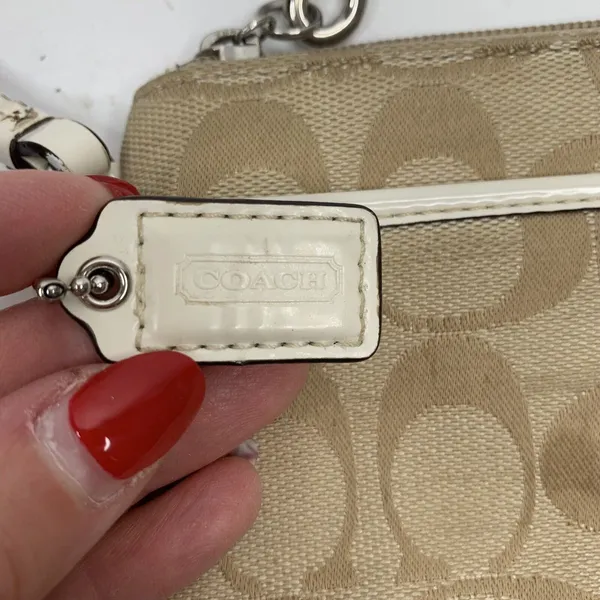 Coach Small Wristlet Signature Jacquard Monogram Khaki Tan White Patent Leather - Image 4