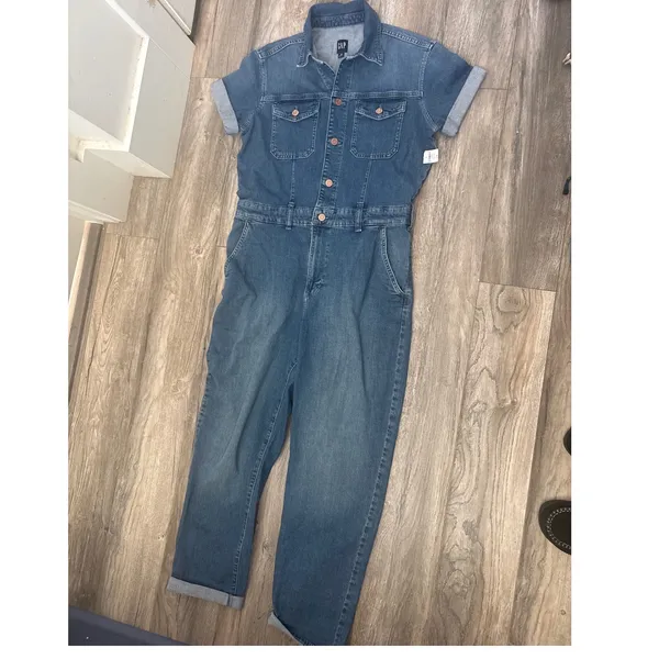 Gap Women Blue Denim Utility Jumpsuit Short Sleeve Button Front Romper Size 10 - Image 2