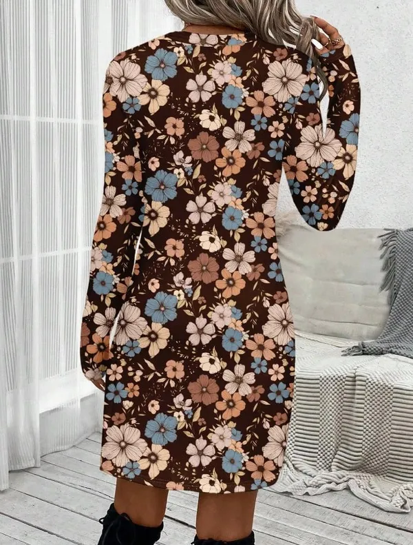 Vintage Brown Floral Long Sleeve Round Neck Dress - Image 2