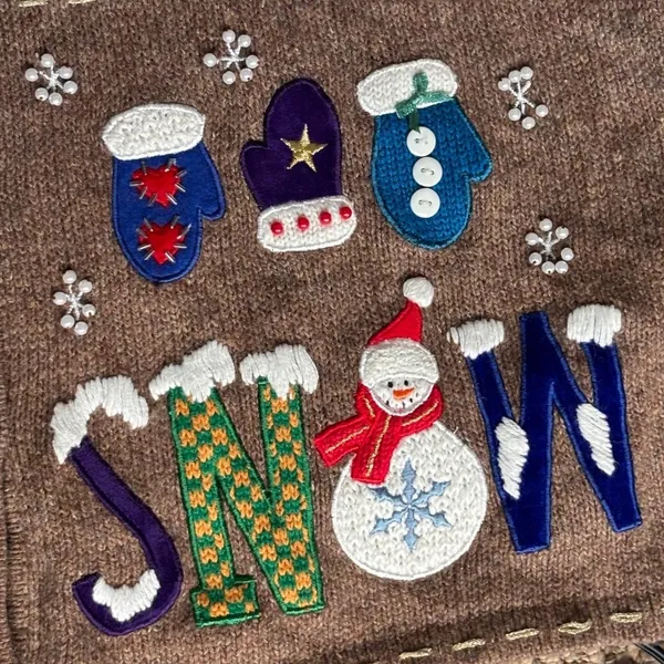 Vintage Christmas Sweater Vest XL Snowman Applique Wool Holiday Novelty Knit - Image 3