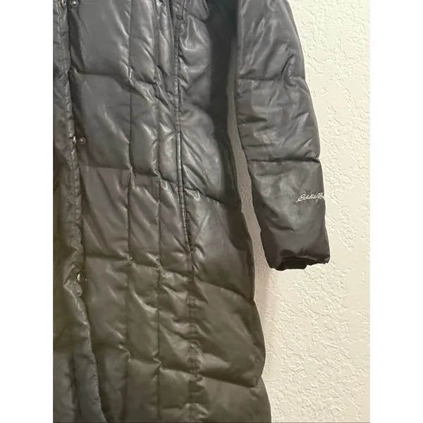 Eddie Bauer Women's Black Long Quilted Down Coat Parka Hood Faux Fur Sz M - Image 3