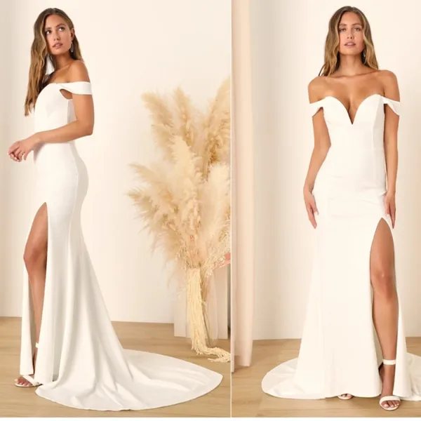 LULU's Bridal Wedding Chic Modern Sexy Off the Shoulder Minimalist Mermaid Gown - Image 3