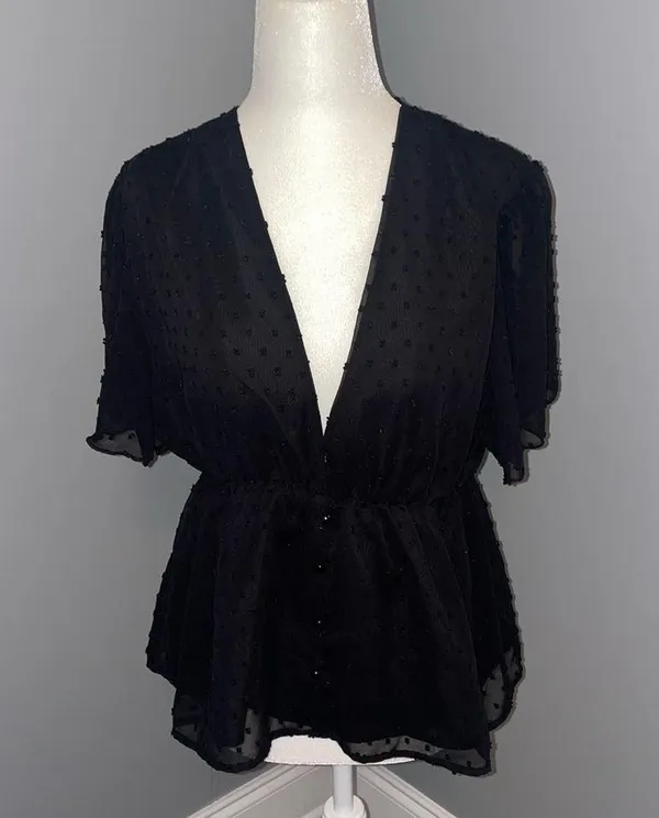 LAYNER Deep V Neck Ruffle Polka Dot Top Pom Pom Peplum Shirt Blouse size large - Image 3