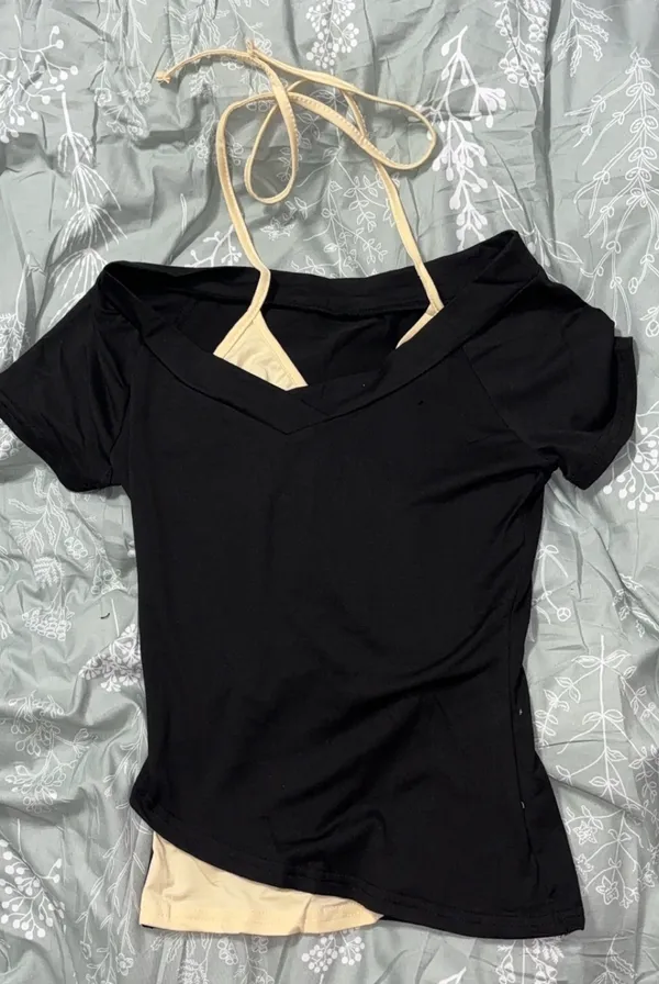 Contrast halter short sleeve shirt baby yellow - Image 2