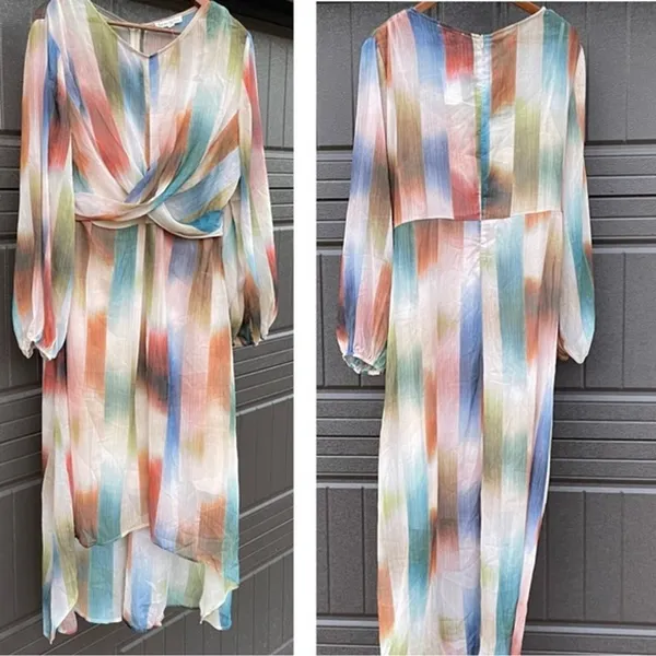 See and Be Seen Watercolor Maxi Midi Dress Flowy Long Sleeve NWT Large - Image 4