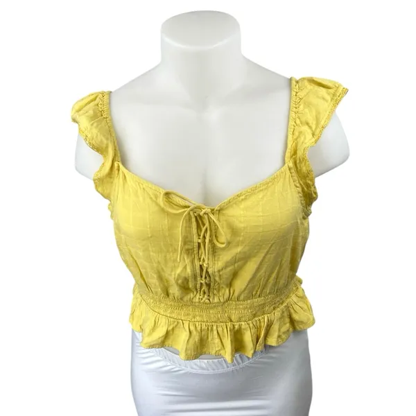 Aeropostale Women's Yellow Sleeveless Ruffle Lace Up Peplum Tank Crop Top Sz XL - Image 2