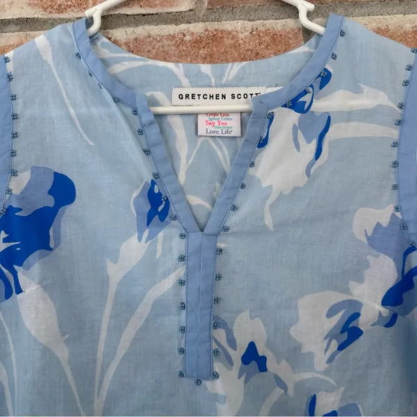 Gretchen Scott Cotton Tunic Shirt Women’s Medium Blue Beaded Floral Embellished - Image 2
