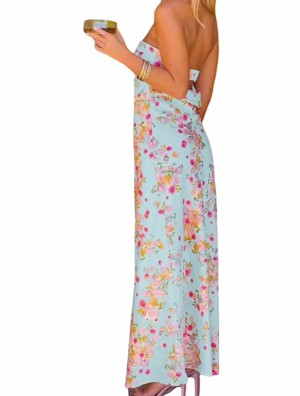Boutique Light Blue Floral Strapless Maxi Dress - Image 5