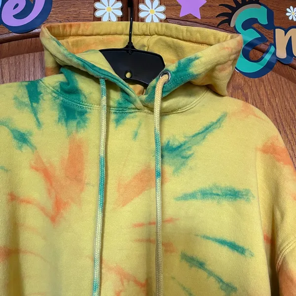 Vibrant Tie-Dye Hoodie - Yellow-Gold Orange, Green front pouch Size XL - Image 3