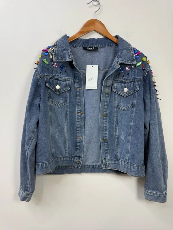 Blue B Collection Denim Jacket with Colorful Rhinestones and Spikes, Size M - Image 12