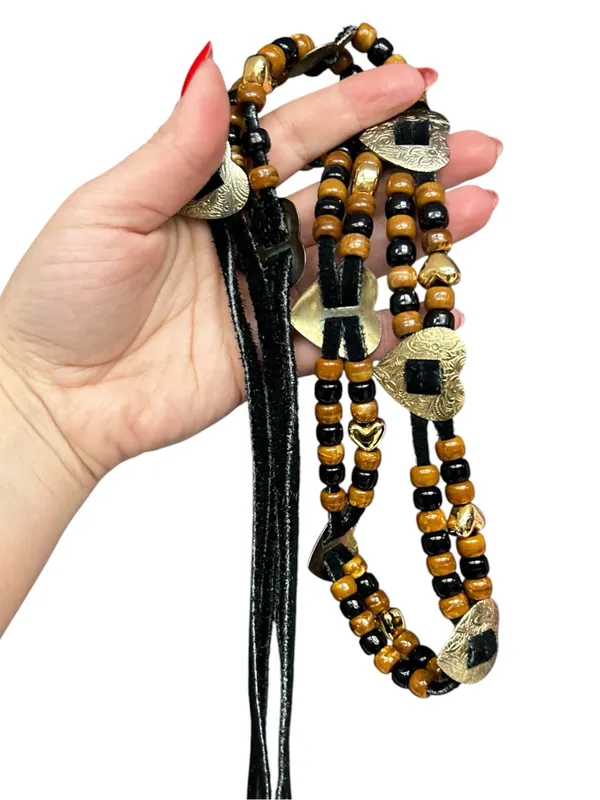 Vintage Beaded Leather Wrap Tie Belt Hearts Western Boho Waist Belt - Image 6