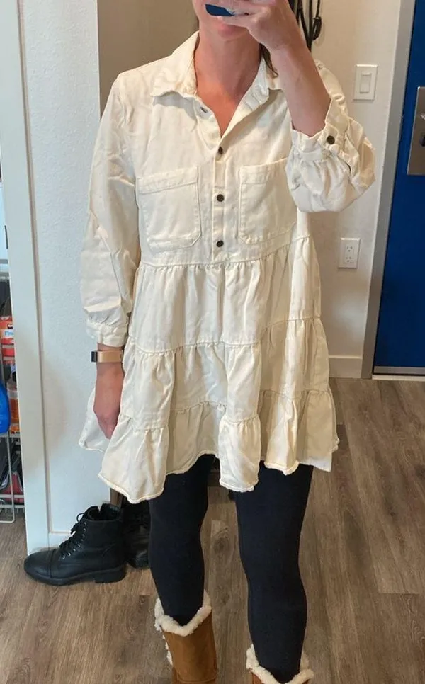 ZARA poplin long collared shirt dress tiered cream ivory ecru 3/4 sleeve large - Image 8