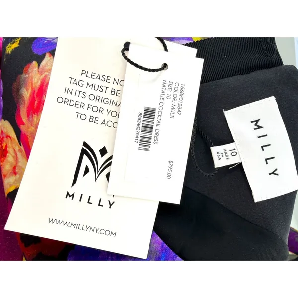 Milly Natalie Floral Cocktail‎ Dress Black Multi Tulle Skirt Bow Belt 10 NEW - Image 6