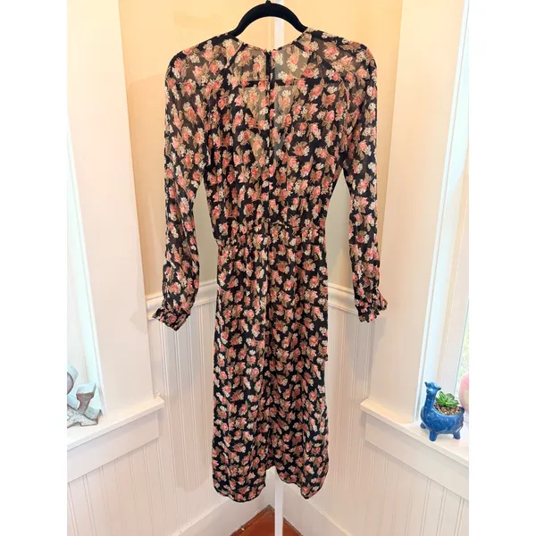 Reformation Floral Midi Dress Tie Neck Long‎ Sleeve Slit Black Size 0 - Image 3