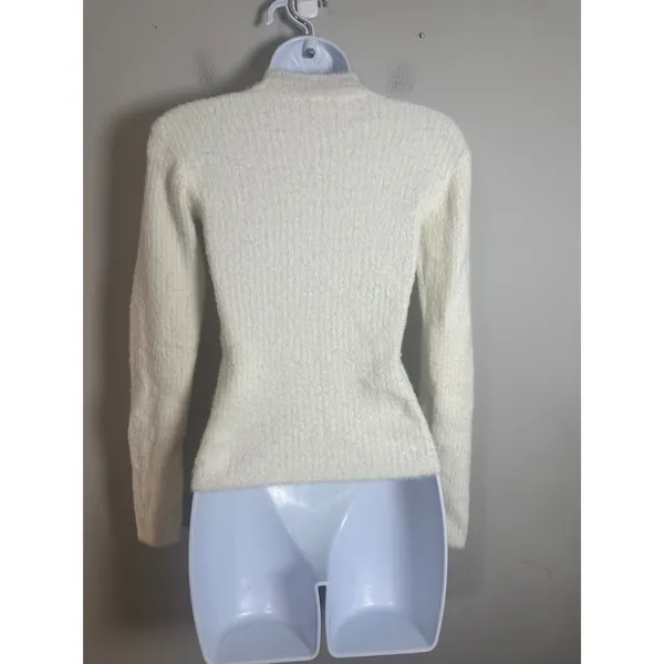 Zara Womens Cream Fuzzy Eyelash Knit Mock Neck Sweater Small Ribbed Ivory Soft - Image 3