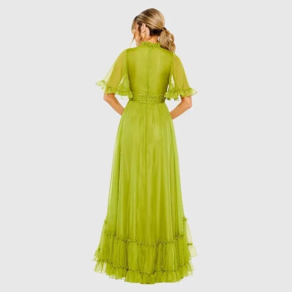 MAC DUGGAL Green Size 10 Ruffled Mock Neck Flutter Sleeve High Low Hem Gown Fla - Image 3