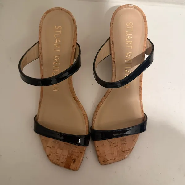 Stuart Weitzman Aleena Wedge Slide Sandal Size 6 Black Patent Cork Wedges - Image 3