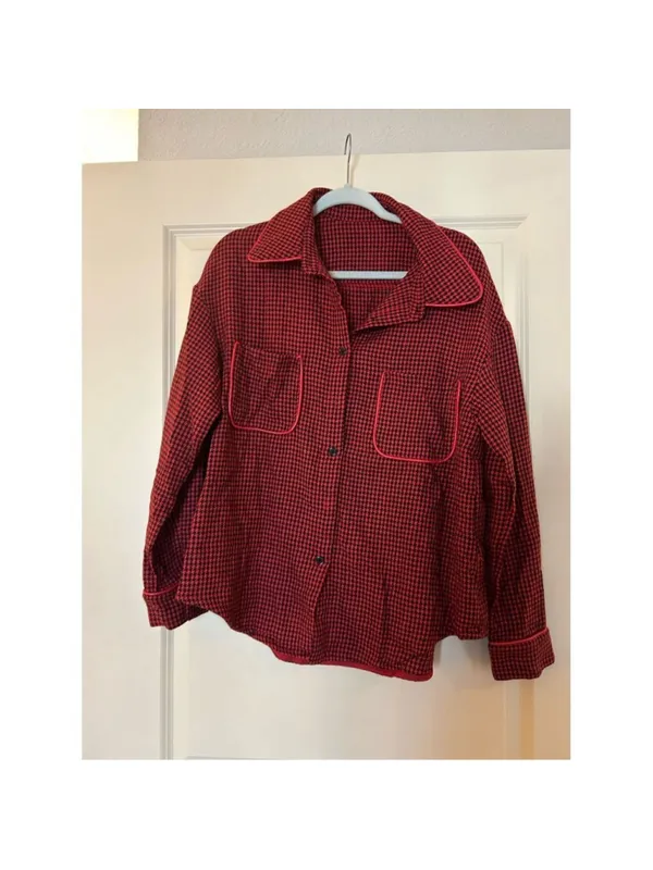 NEW Houndstooth Shacket Jacket Long Sleeve Button Down Shirt L Red Size L - Image 4