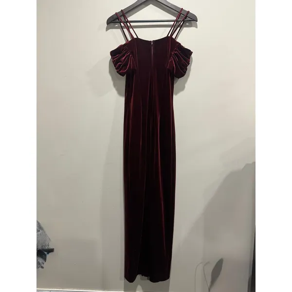 Vintage 90s Dollar USA Burgundy Velvet Cold Shoulder Maxi Dress M - Image 4