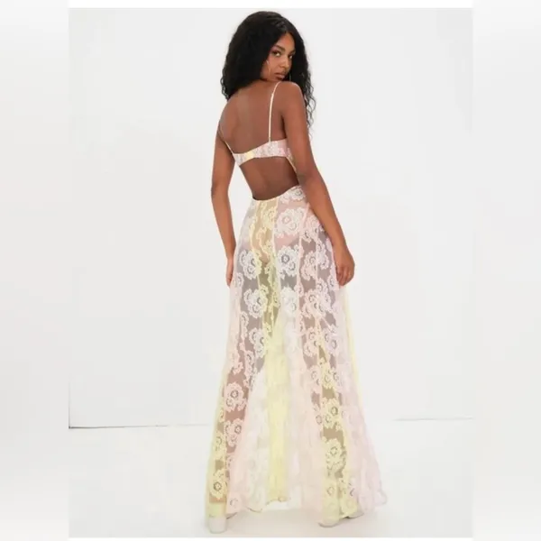 For Love & Lemons Lace Floral Maxi Gown Pastel Multi Pink Yellow NWT M - Image 7