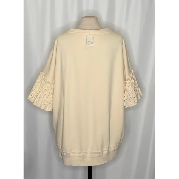 NWT!!‎ FREE PEOPLE Doily Sweatshirt Heart Ivory Blue Eyelet Lace Bohemian Small - Image 9