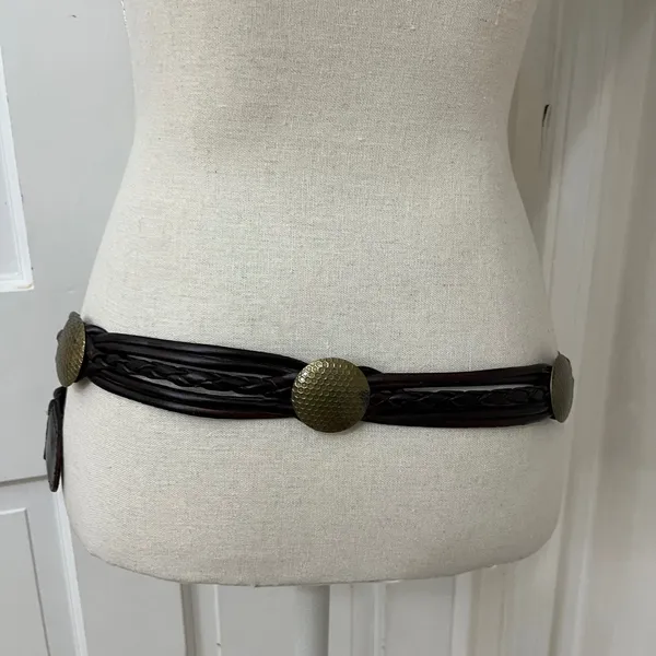 Braided Brass Medallion Belt XL Brown Boho Western Festival Faux Leather VTG - Image 5