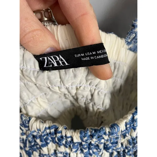 Zara Blue White Paisley Print Ruffle Strap Tiered Midi Dress Boho Womens M‎ - Image 4