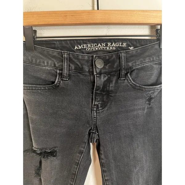 American Eagle Super Stretch X Skinny Jeans Black Distressed Ripped Frayed Hem 0 - Image 4