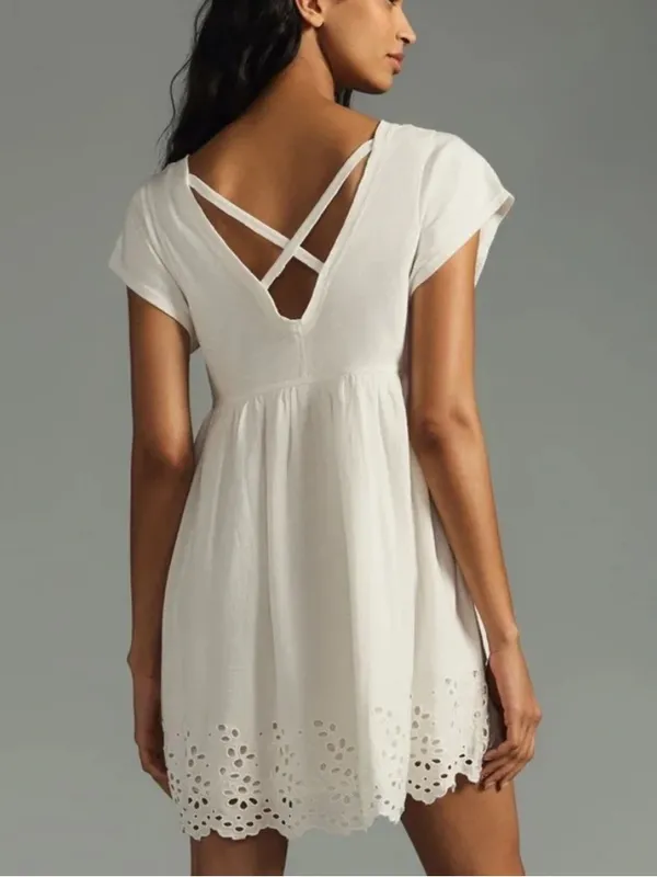 NWT Daily Practice Anthropologie White B-Neck Eyelet Trim Babydoll Dress - Image 2