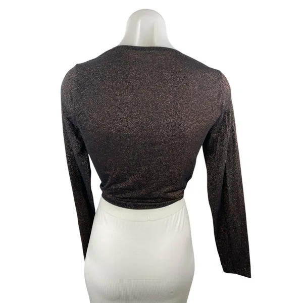 Abercrombie & Fitch Womens Brown Glitter Long Sleeve Twist Front Crop Top Size M - Image 3